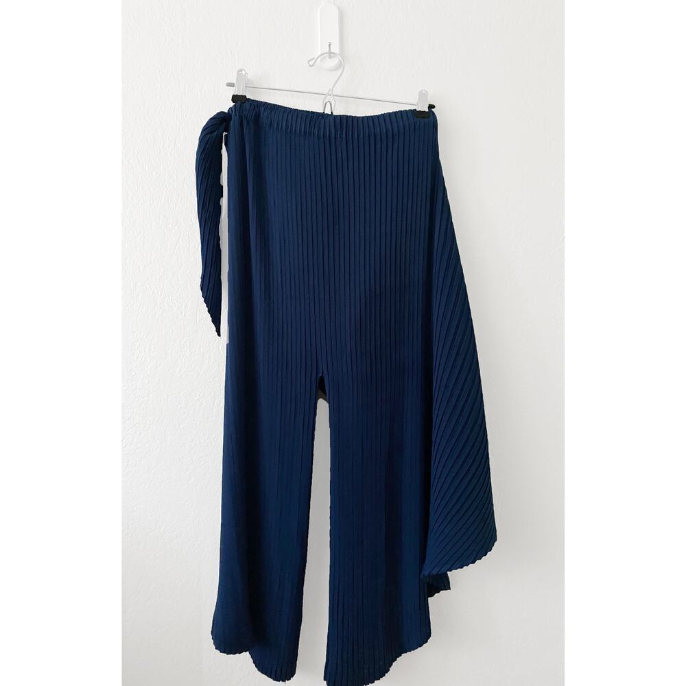 Issey Miyake Womens Blue Pleated Wide Leg Pants Side Sash Rounded Edge Lagenlook - Picture 4 of 15